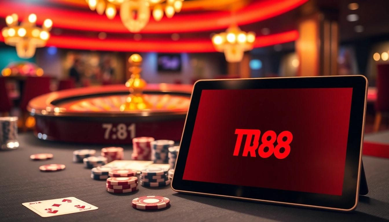 A professional gaming scene with poker cards and TR88 branding, showcasing an exciting casino atmosphere.