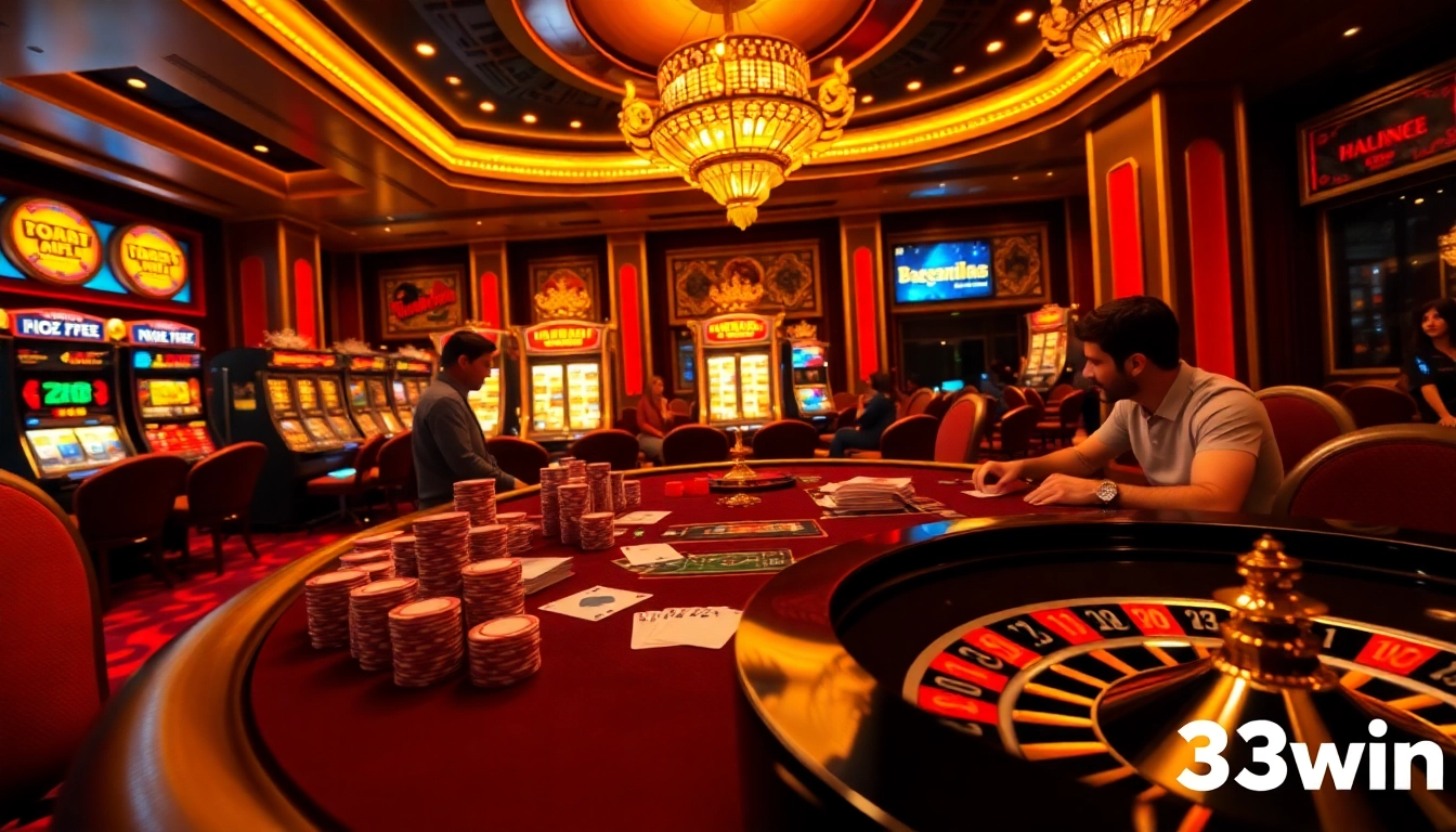 Experience the thrilling casino ambiance at 33win with players enjoying poker under stunning lighting.