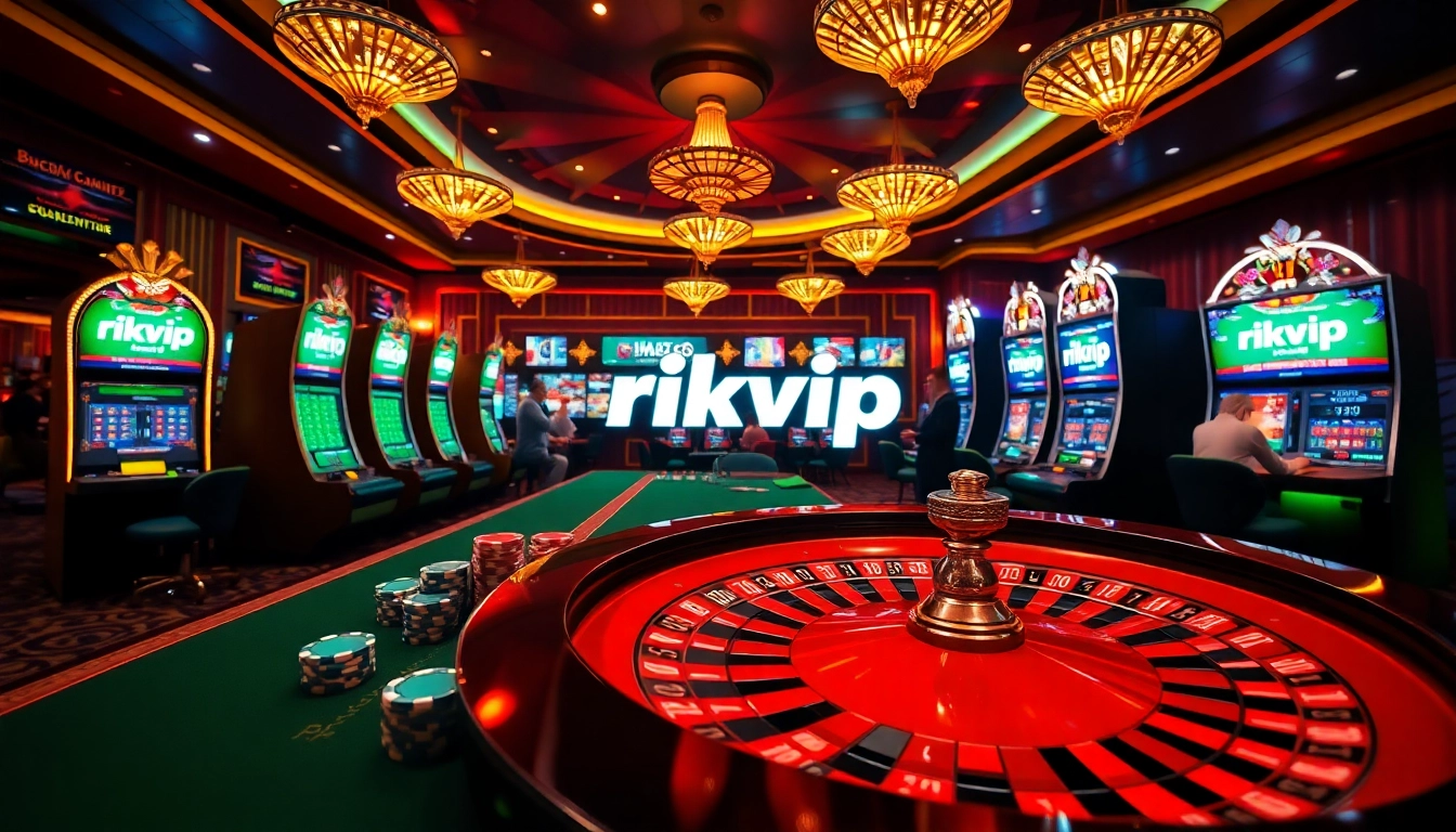 rikvip players engaged in a thrilling online gambling experience at a stylish casino.