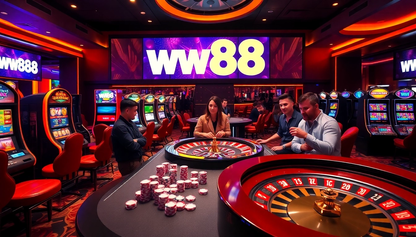 Experience the excitement at ww88 gaming table with vibrant slot machines and poker chips.