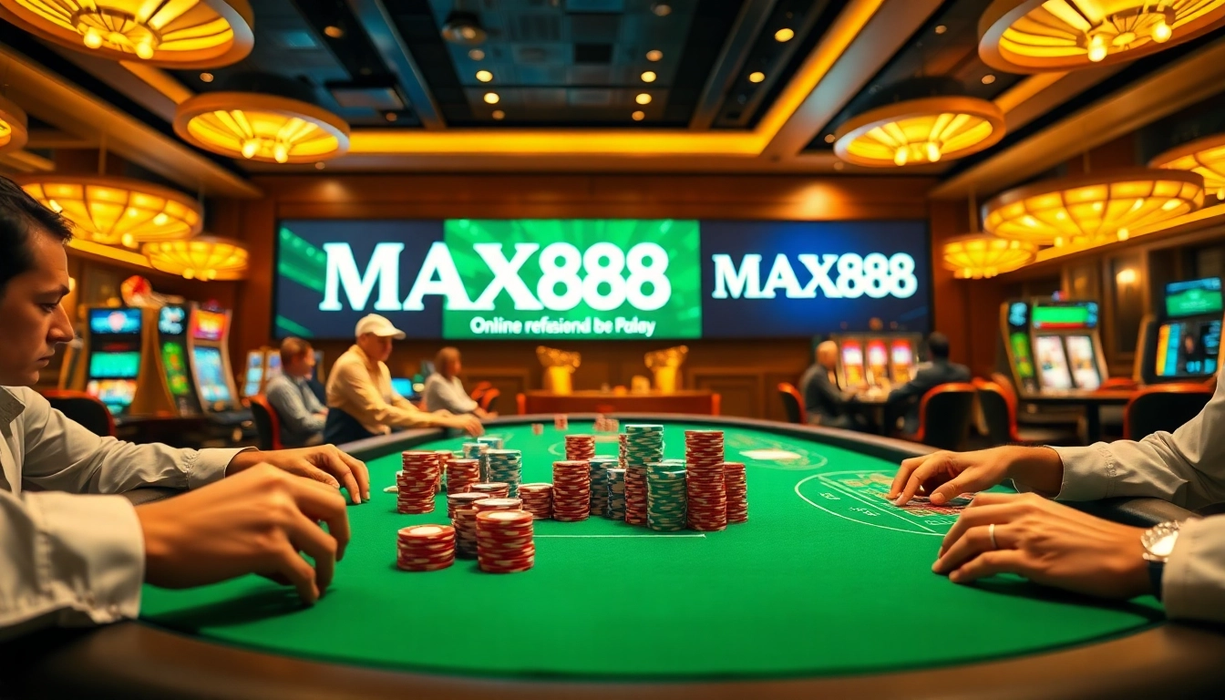 Action-packed poker game at MAX88 casino, featuring vibrant chips and professional players.