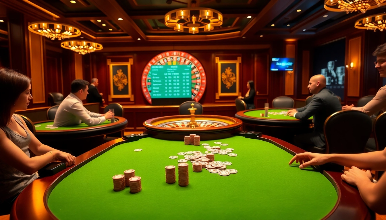 Players enjoying a thrilling poker game at lode88 casino, showcasing excitement and luxury.