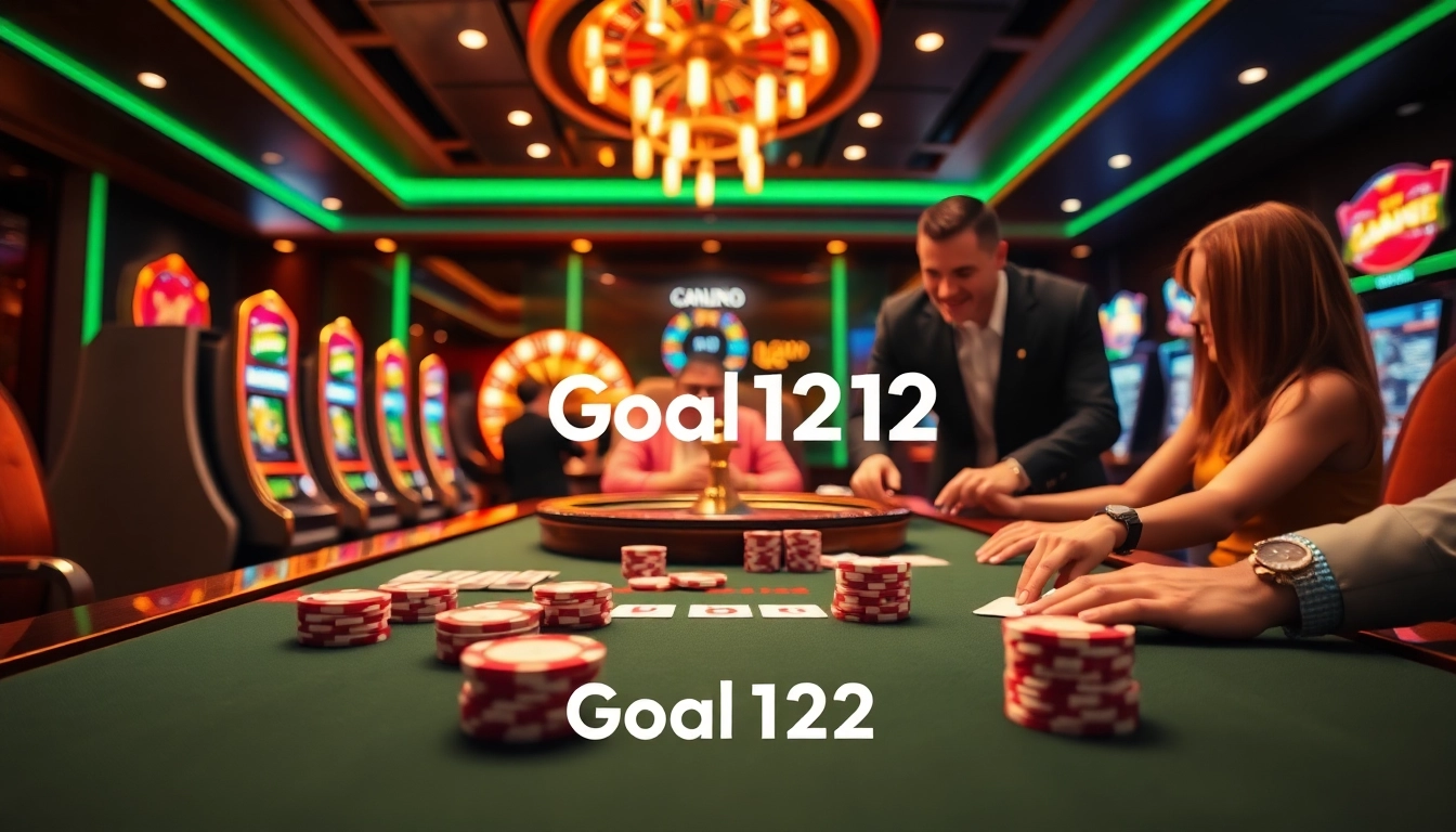 Goal123 players engaging at a vibrant casino table with poker chips and slot machines.