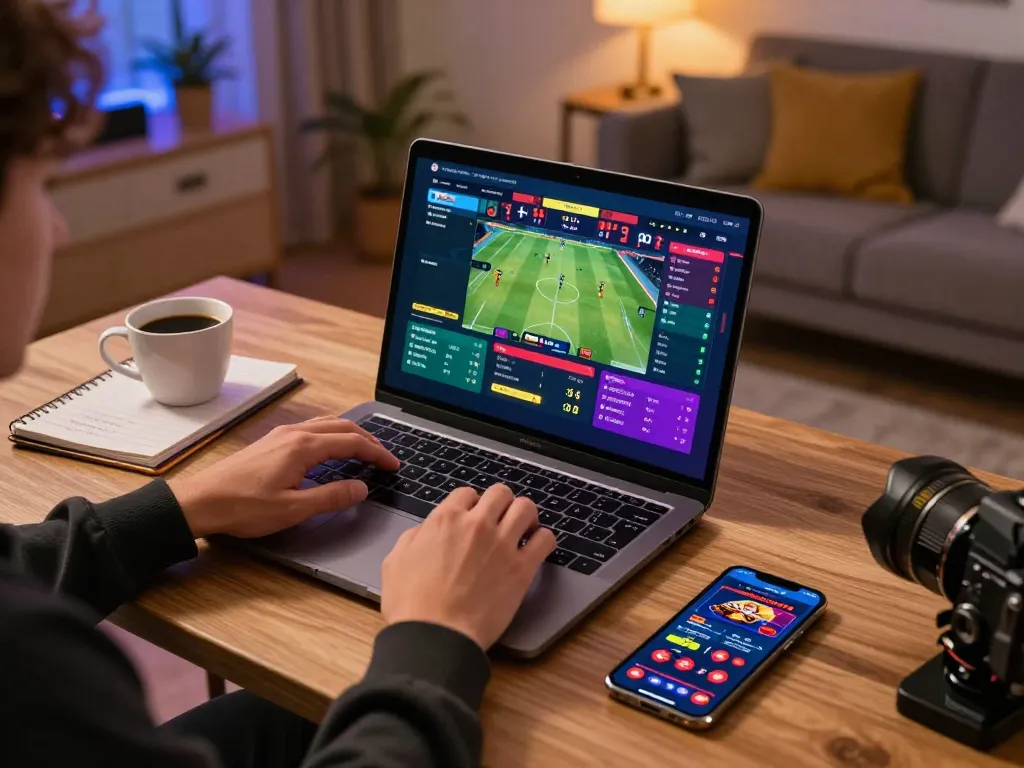 Engaged user exploring Fabet sports betting options on laptop in a cozy home setting.