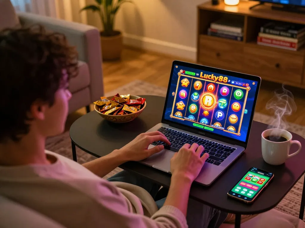 Engaging in Lucky88 slot gameplay on a cozy home setup, with colorful game interface visible.