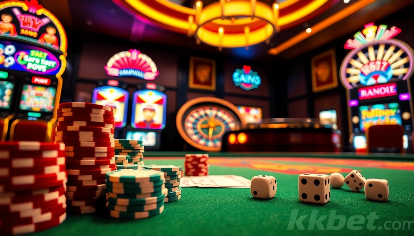 High-end casino experience with kbbet showcasing poker chips, cards, and slot machines.