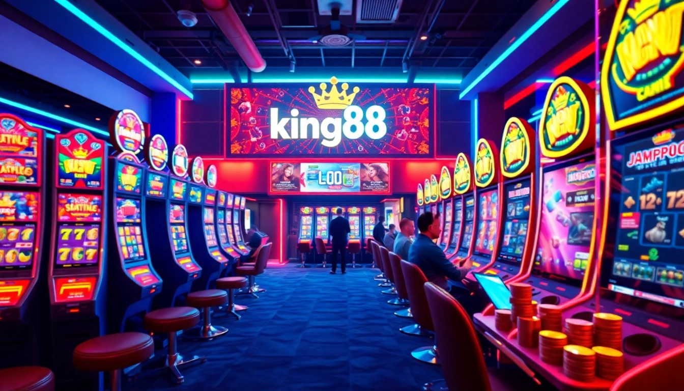 Experience the excitement of king88 in a vibrant online casino, featuring glowing slot machines and engaging players.