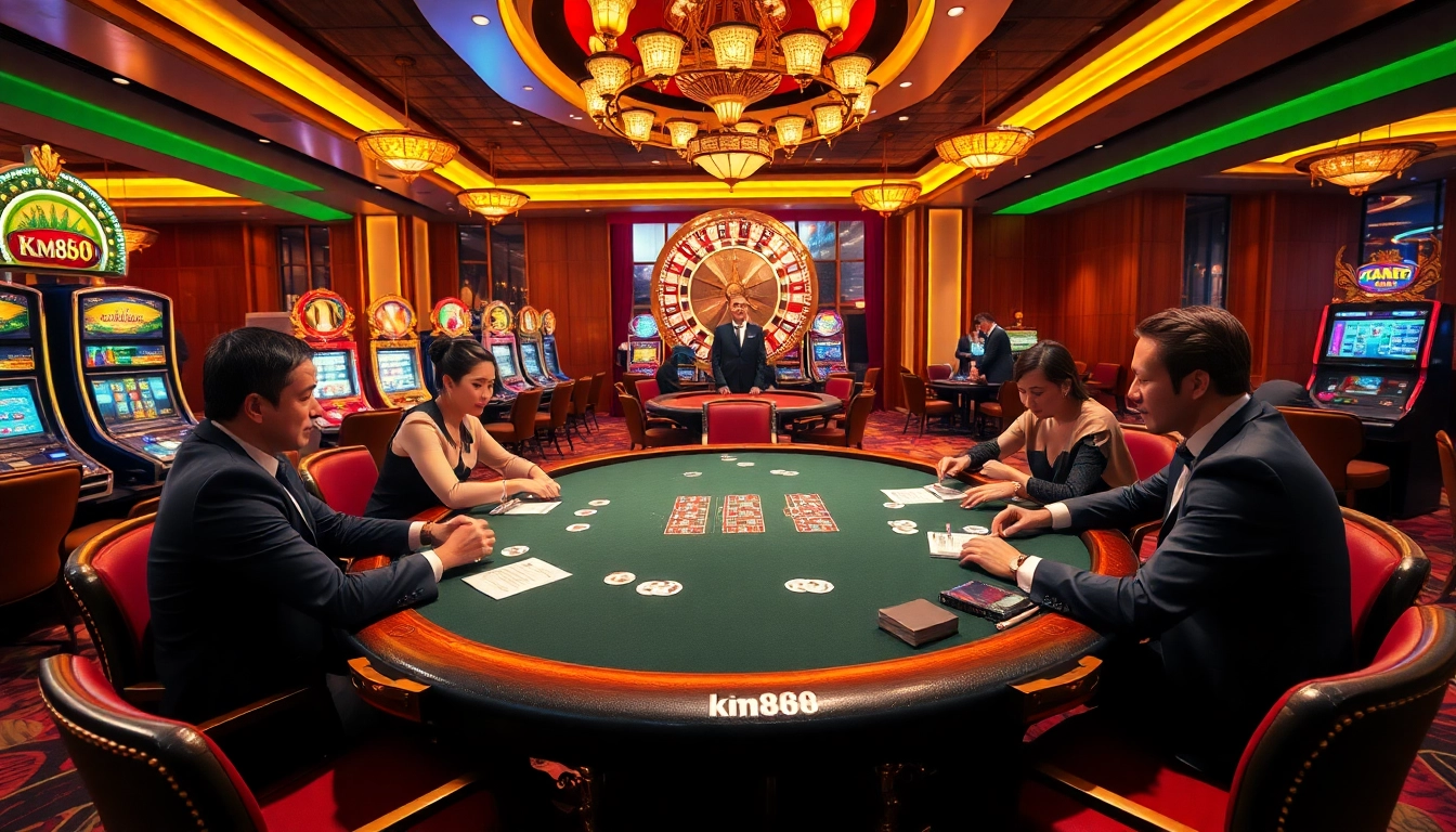 Players enjoying high-stakes poker at km888 casino, with vibrant slot machines and roulette.