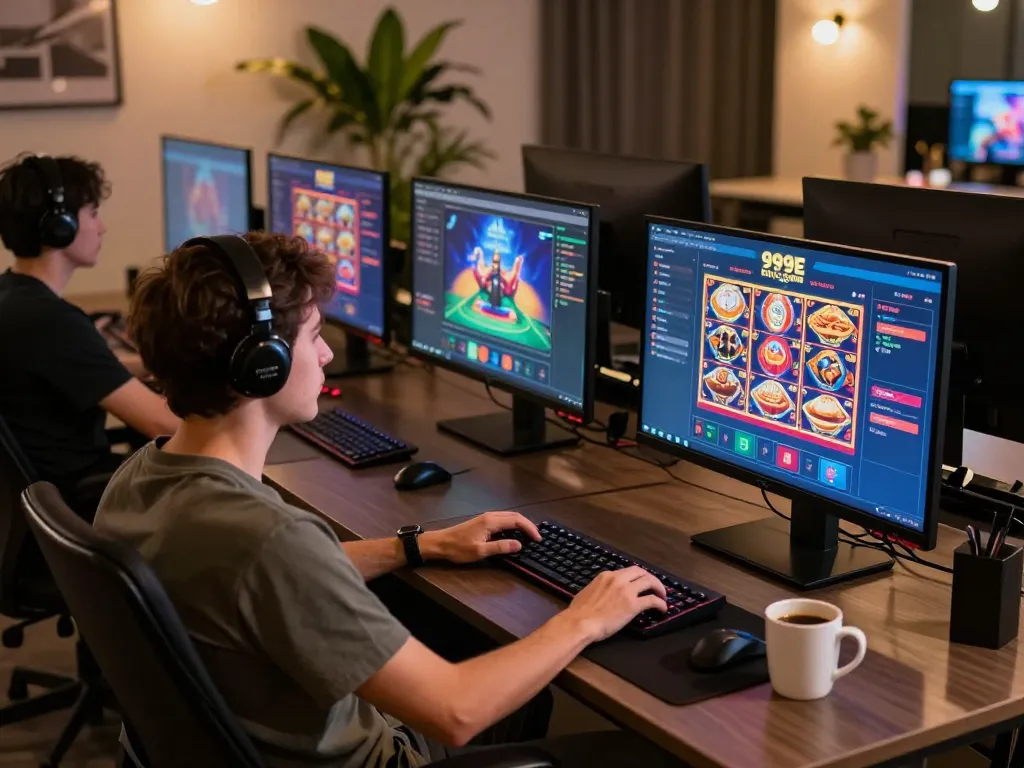 Player engaged in 999E online casino games on multiple screens, showcasing vibrant slot graphics and live dealer action