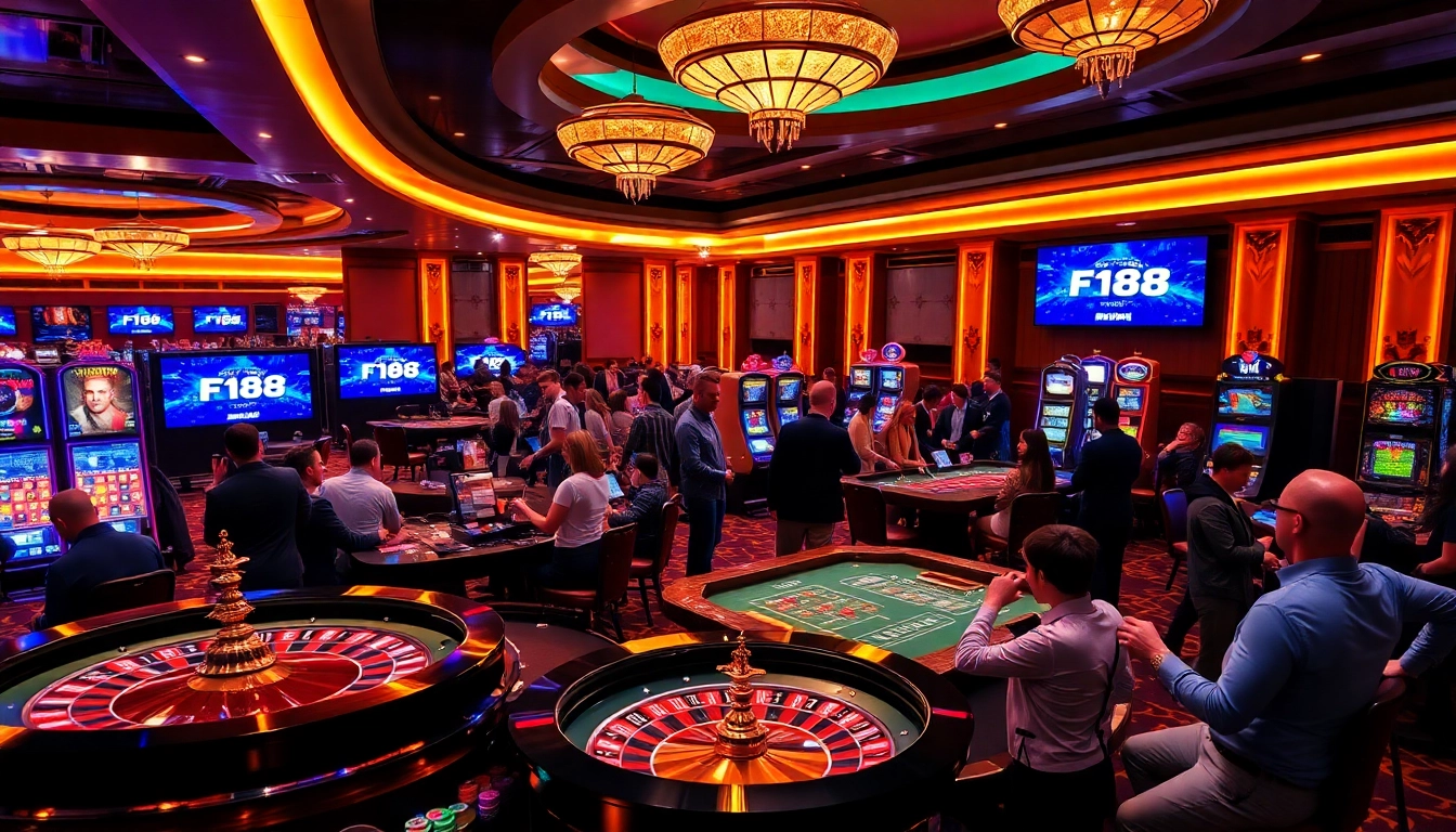 Players engaging in high-stakes play at F168 casino with roulette wheels and poker tables.
