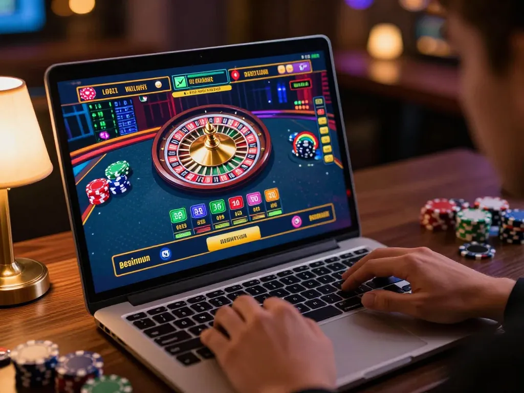 Engaging online gaming at 32win with roulette interface, colorful chips highlighting excitement.