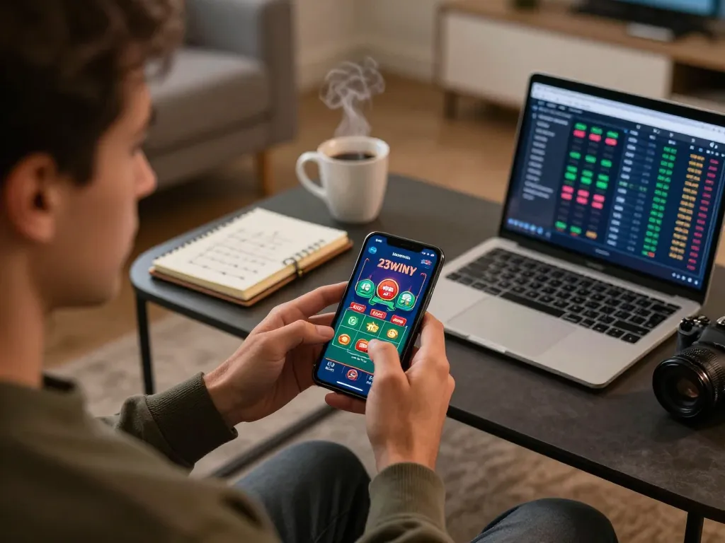 Exciting mobile gaming moment using the 23winy gambling app in a cozy living room setting
