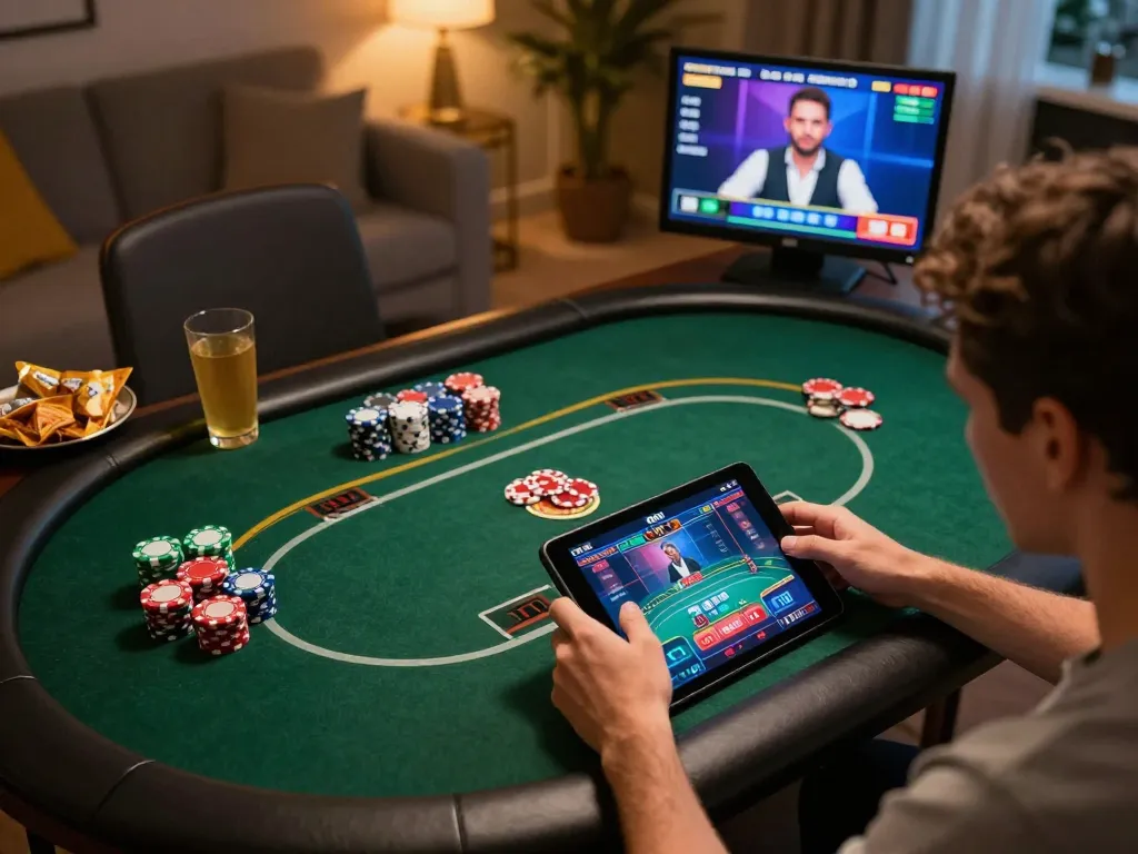 Fly88 player focused on online poker game, showcasing home gaming atmosphere and strategic engagement